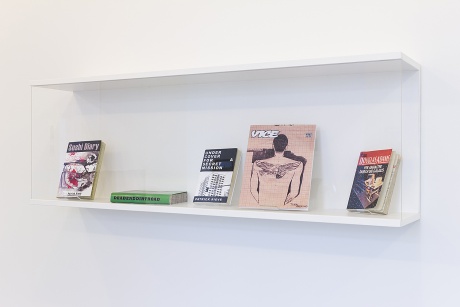 Patrick Rieve |o. T. (Dummybord), 2010, Bord, fünf Buchattrappen, unterschiedliche Materialien 44 x 130 x 23,5 cm|SUSHI DIARY, 2010, Laserprint auf Papier, Buchattrappe, 21 x 14 x 1,6 cm |DEAD END DIRT ROAD (grün), 2010, Laserprint auf Papier, Buchattrappe, 21 x 15 x 3 cm|UNDERCOVER FOR A SECRET MISSION, 2009, Kopie, Papier, Buchattrappe, 18,7 x 12,5 2 cm|VICE (COVER), 2010, Laserdruck, Papier, 26,8 x 21 cm|PER ANHALTER DURCH DIE GALAXIS, 2010, Inkjetprint, Buchattrappe, 17,8 x 11,7 x 1,6 cm