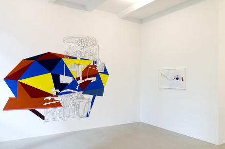 |Block Plan Series: Cologne/Munich/Brazil/Switzerland, 1, 2012|Farbe und Tusche auf Wand|variable Maße|Drawing 5, 2012|Tusche und Collage auf Papier|55,88 x 96,52 cm