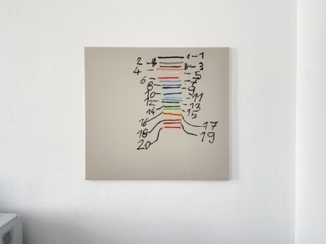 J 1, 2021|Stickgarne farbig, dunkelbraunes Nähgarn auf Gewebe|70 × 76 cm