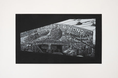 Die Raketenfahrt zum Mond|2016 |Buntstift auf Papier |29 × 50 cm