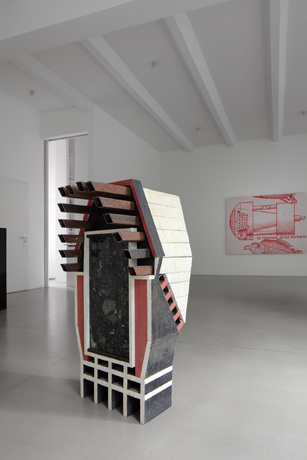 Simon Mehling|Städtischer Beichtstuhl, 2026|Holz, Metall, Stein, Lack, Acrylfarbe|ca. 110 × 60 × 60 cm